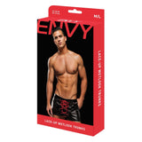 Boxeri Sexy Barbati Wetlook cu Sireturi Envy - Negru si Rosu, Design Provocator, L/XL