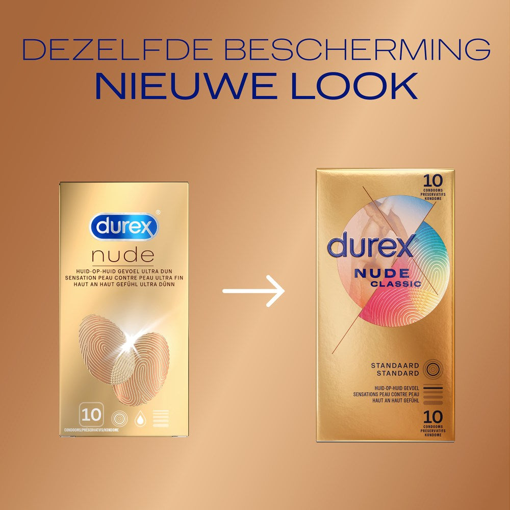 Prezervative Durex Nude Clasic - Prezervative Clasice ultra subtiri cu Lubrificant Silicon, Pachet 10 Bucati, Latime 56 mm