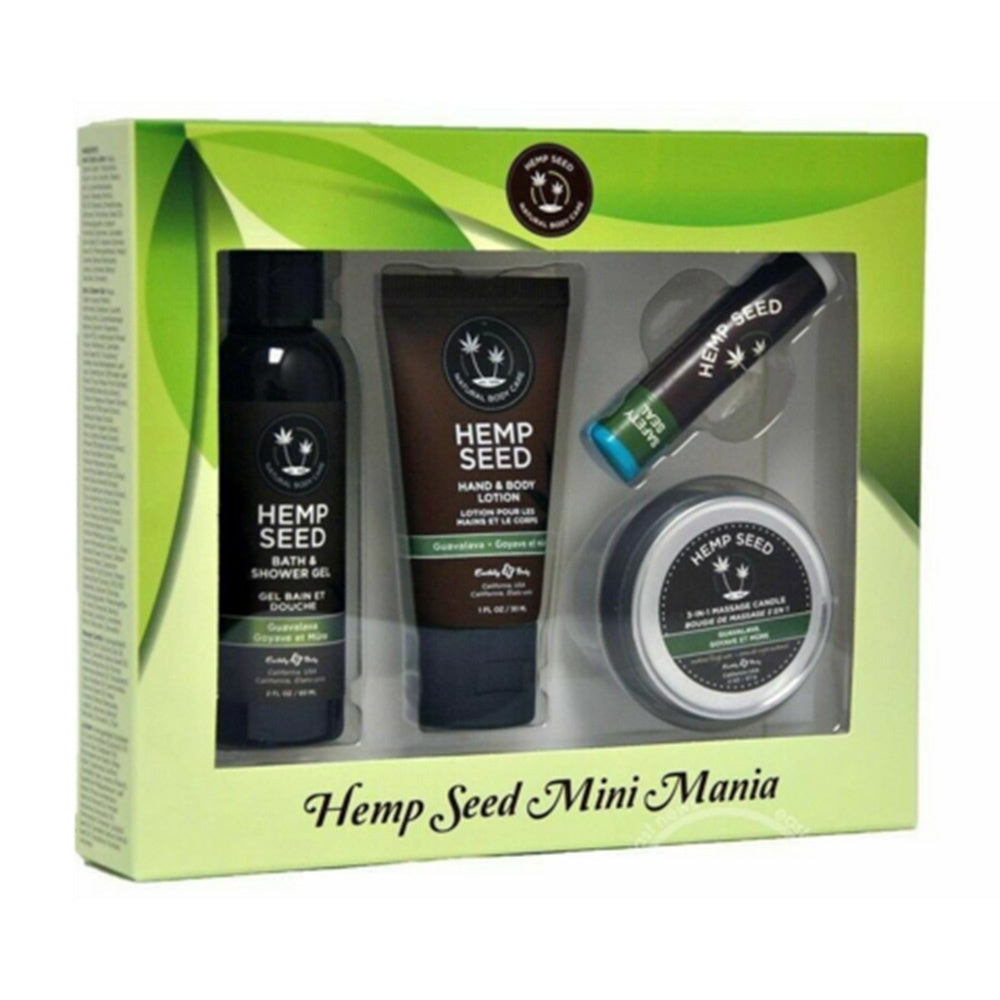 Set de Calatorie Hemp Seed Mini Mania - Gel de Dus si Baie (30 ml), Lotiune de Maini si Corp (30 ml), Lumanare de Masaj 3-in-1 (60 ml), Balsam de Buze (4.5 g) - Vegan, Fara Cruzime