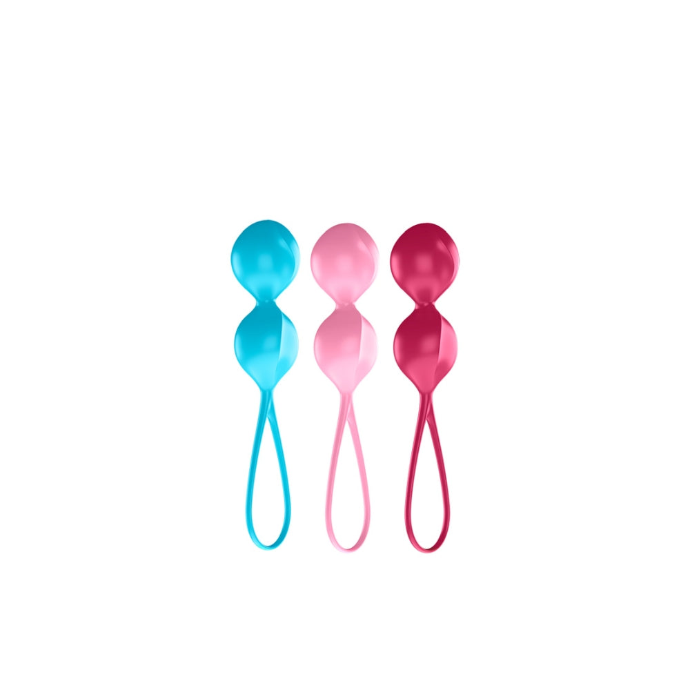 Set Bile Kegel Satisfyer 3 Bucati - 3 greutati variabile (79 g, 114 g, 150 g) pentru tonifierea muschilor pelvieni - banda de retragere pentru folosire usoara - roz, turcoaz, rosu