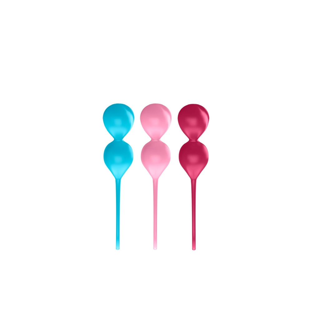 Set Bile Kegel Satisfyer 3 Bucati - 3 greutati variabile (79 g, 114 g, 150 g) pentru tonifierea muschilor pelvieni - banda de retragere pentru folosire usoara - roz, turcoaz, rosu