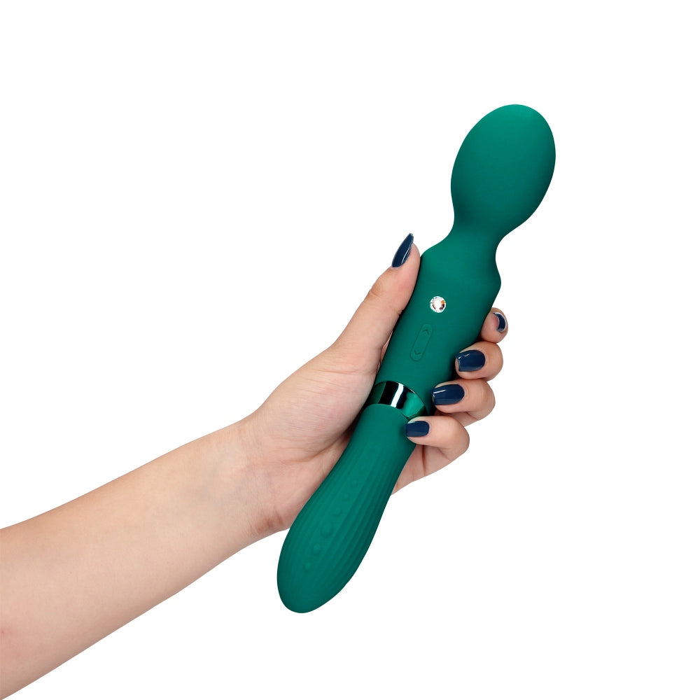 Vibrator Dublu Loveline Double-Sided Vibrating Wand - Verde, silicon moale - Stimulator punctul G si clitoris - 10 Moduri Vibratii - Silentios 50 Db, reincarcabil