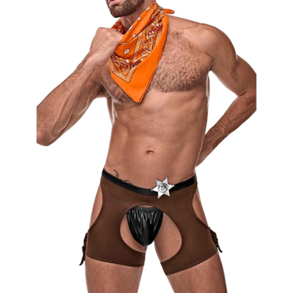 Costum Sexy Cowboy Barbati Male Power - Set 4 Piese - Slip Wet Look, Decupaje si Franjuri, Bandana, Insigna Serif