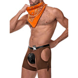 Costum Sexy Cowboy Barbati Male Power - Set 4 Piese - Slip Wet Look, Decupaje si Franjuri, Bandana, Insigna Serif