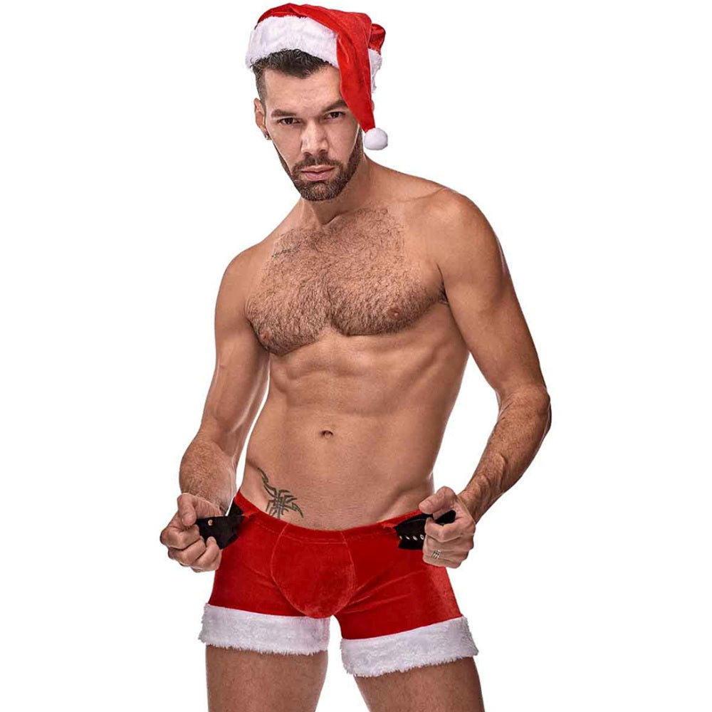 Costum Sexy Mos Craciun - set festiv sexy de craciun pentru barbati - boxeri tematici cu caciula de Mos Craciun