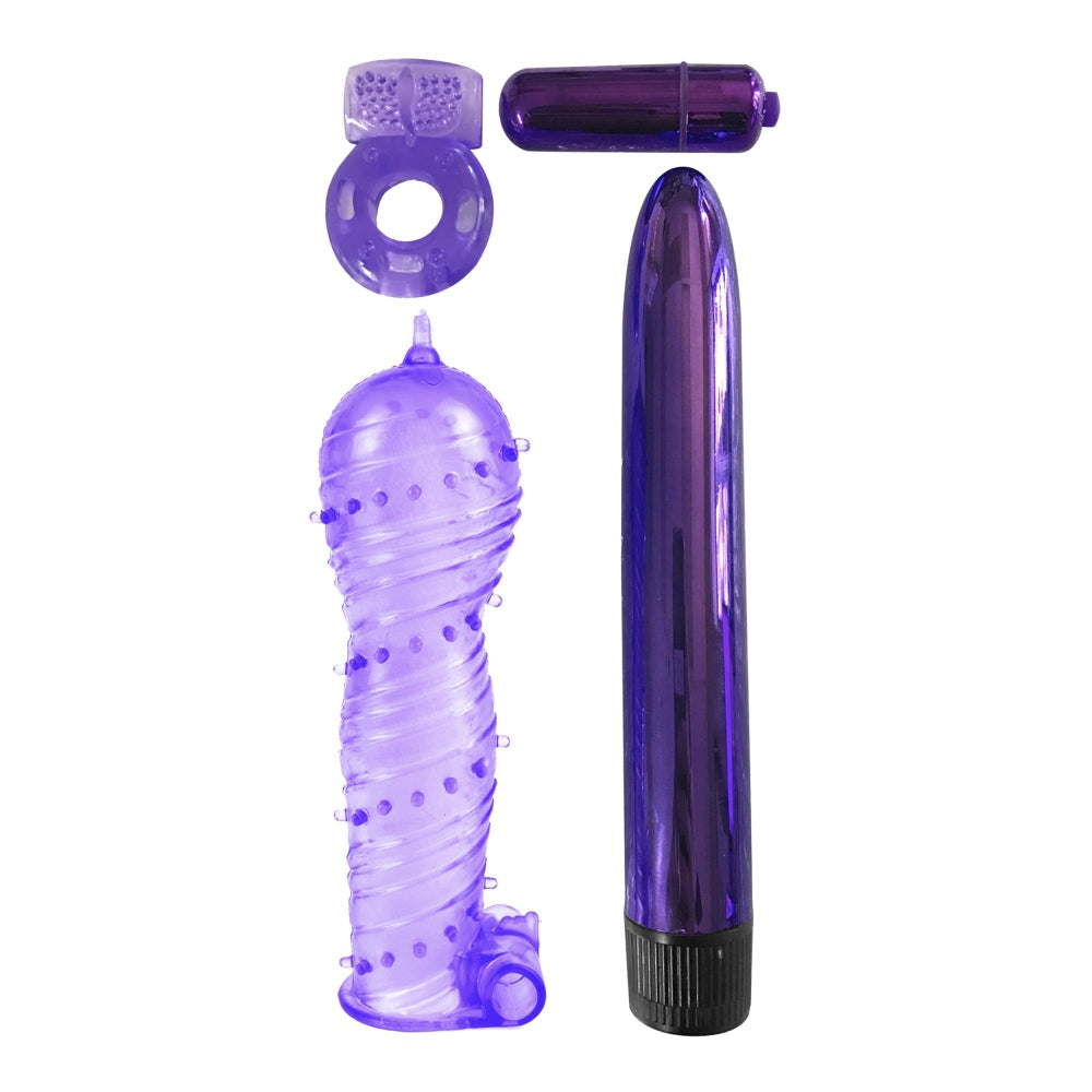 Set Erotic 4 Piese pentru Cupluri Mov - Inel pentru Penis cu vibratii, vibrator bullet, manson pentru penis cu striatii - ideal pentru incepatori sau pentru nopti senzuale