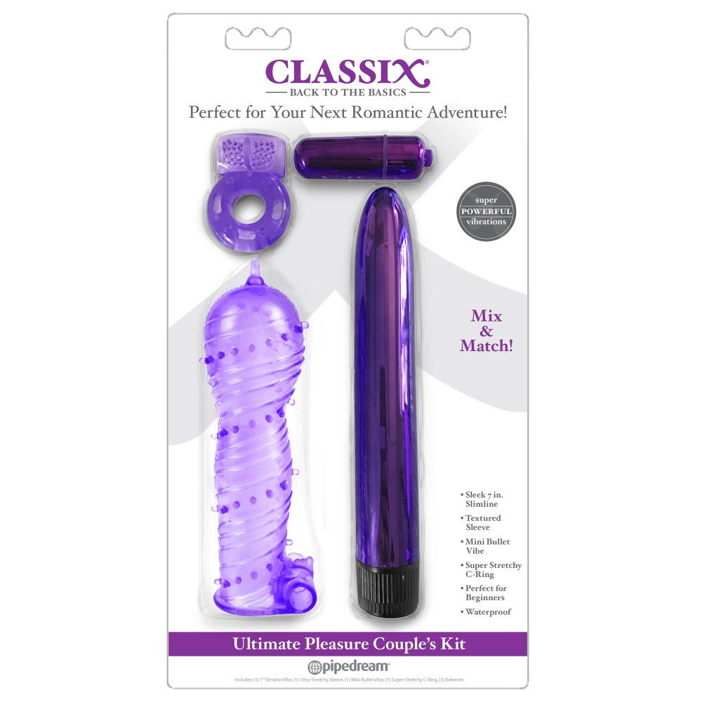 Set Erotic 4 Piese pentru Cupluri Mov - Inel pentru Penis cu vibratii, vibrator bullet, manson pentru penis cu striatii - ideal pentru incepatori sau pentru nopti senzuale
