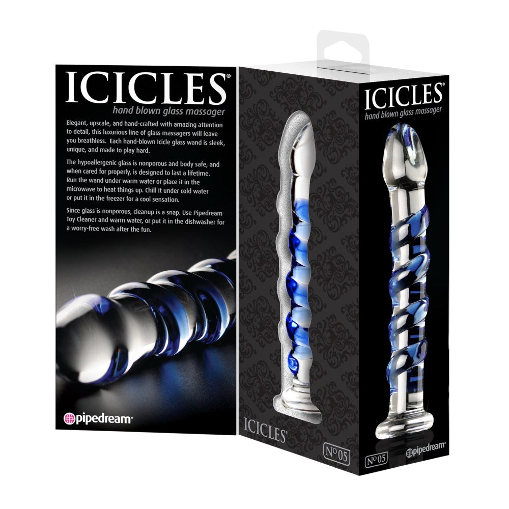 Dildo de Sticla Icicles No. 5 - Albastru, 18.5 cm - design din sticla lucrata manual in forma spiralata stimulanta - ideal pentru jocuri termice, poate fi racit sau incalzit