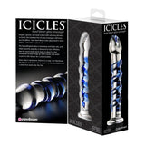Dildo de Sticla Icicles No. 5 - Albastru, 18.5 cm - design din sticla lucrata manual in forma spiralata stimulanta - ideal pentru jocuri termice, poate fi racit sau incalzit