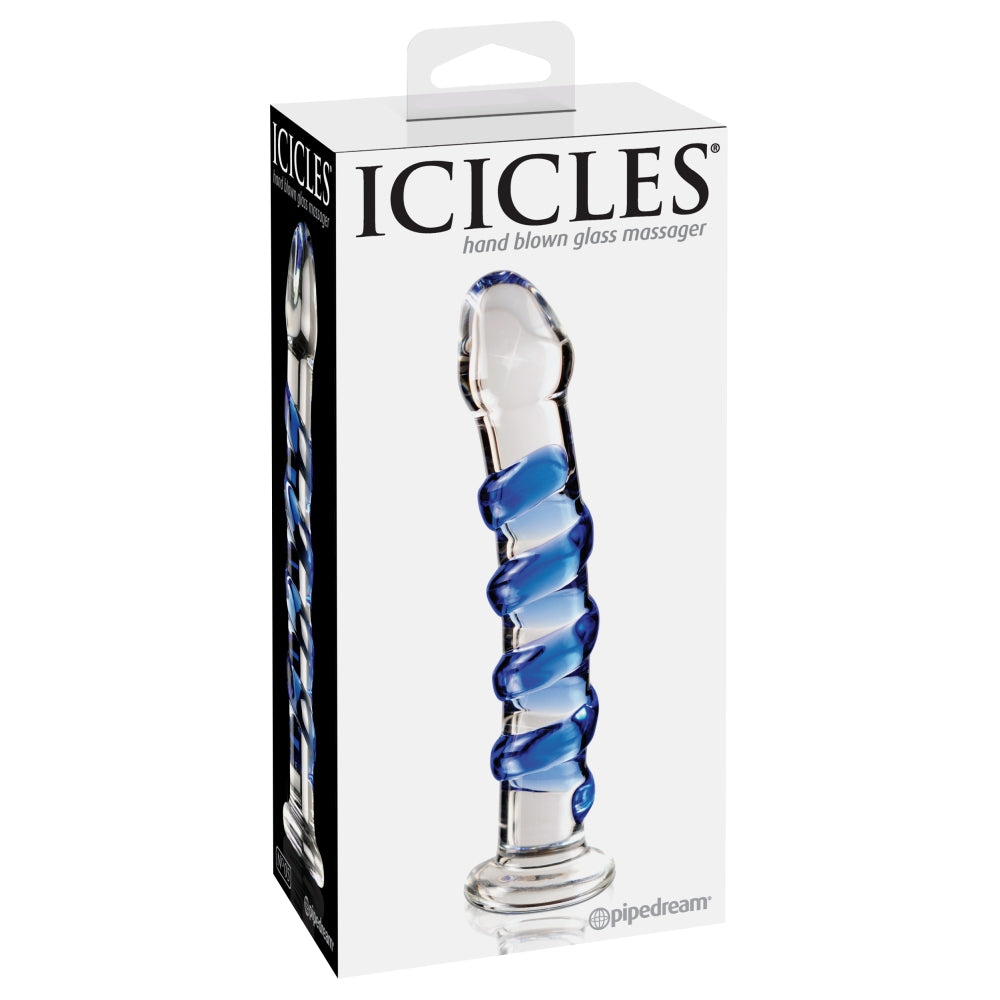 Dildo de Sticla Icicles No. 5 - Albastru, 18.5 cm - design din sticla lucrata manual in forma spiralata stimulanta - ideal pentru jocuri termice, poate fi racit sau incalzit