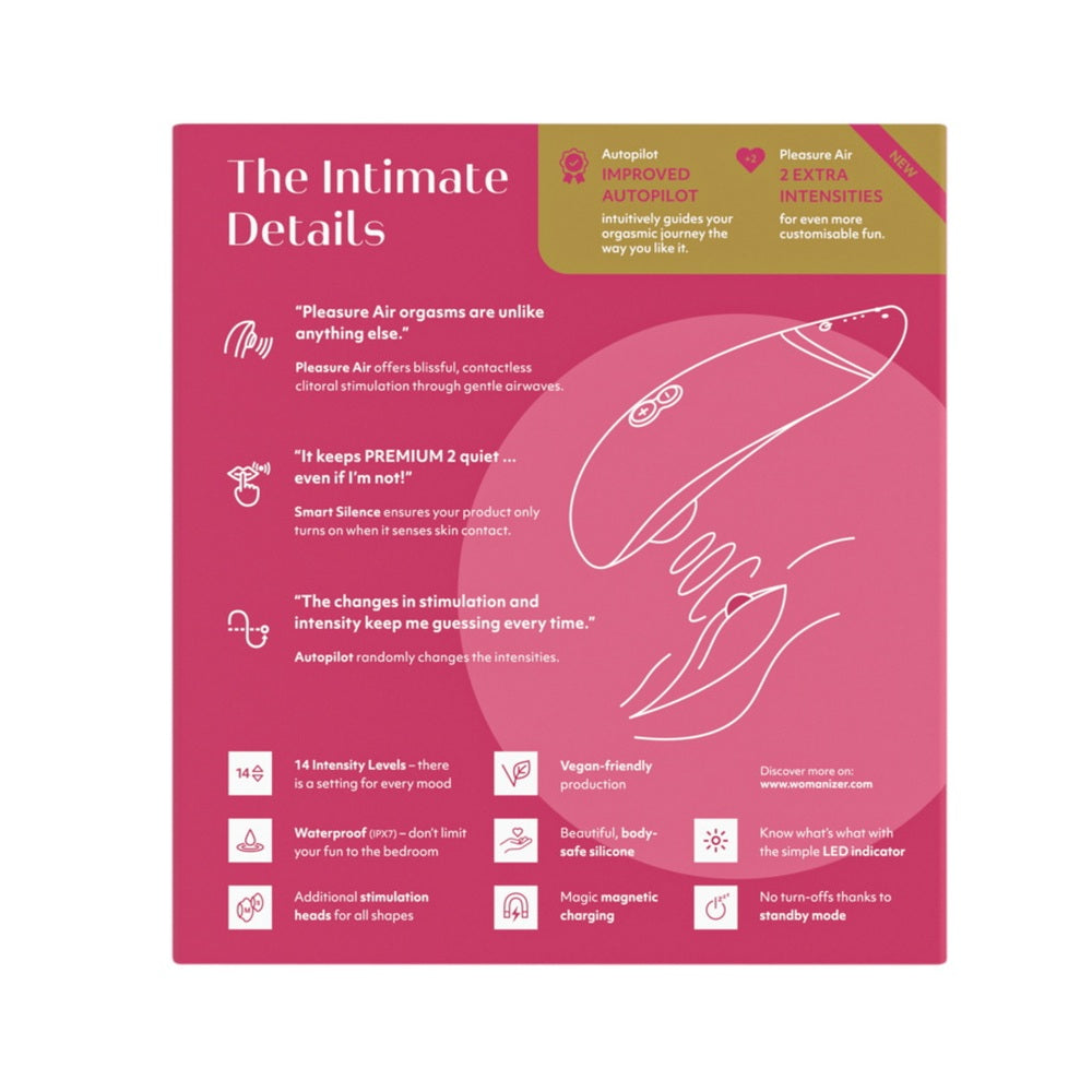 Vibrator Clitoridian Womanizer Premium 2 Roz - Tehnologie Inovatoare Pleasure Air, 14 Functii Intensitate - Autopilot 2.0 pentru o experienta imprevizibila - Smart Silence - Reincarcabil, Rezistent la apa IPX7