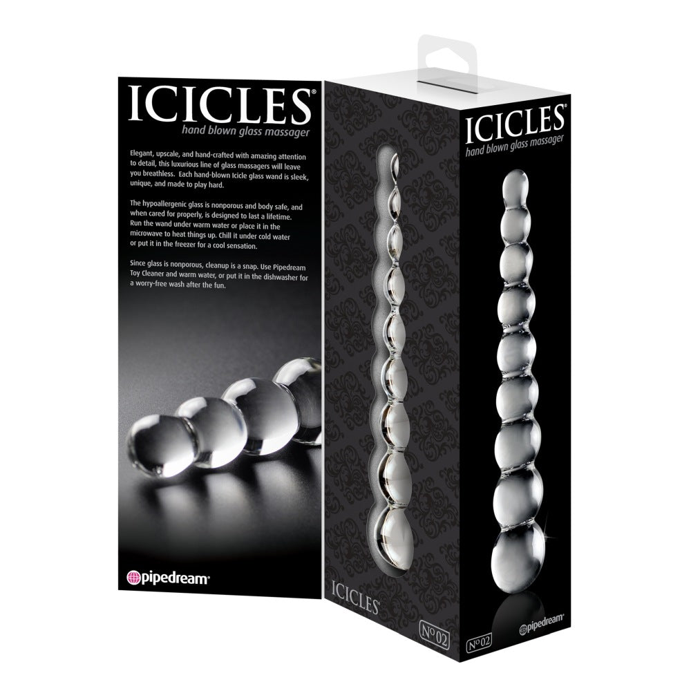 Dildo de Sticla Icicles No. 2 - Transparent, 22.5 cm - design din sticla lucrata manual cu bile stimulante - ideal pentru jocuri termice, poate fi racit sau incalzit