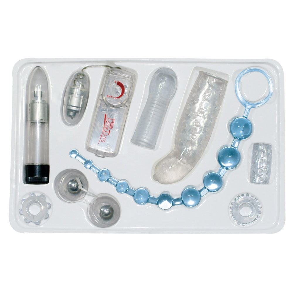 Set Erotic 8 Piese pentru cupluri cu design transparent - vibrator, ou vibrator cu telecomanda, bile anale, bile de placere, 2 inele pentru penis si mansoane pentru penis - ideal pentru nopti senzuale de neuitat