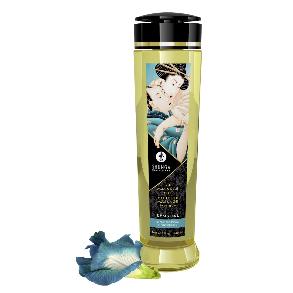 Ulei de Masaj Shunga Sensual 240 ml - Island Blossoms - 100% uleiuri naturale, Vitamina E - nu astupa porii