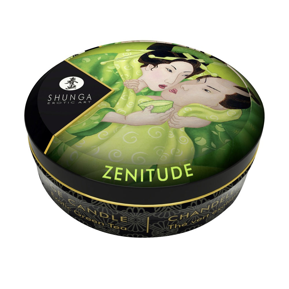 Lumanare Masaj Shunga Zenitude 30 ml - aroma subtile de ceai verde, arde pana la 4 ore - 100% uleiuri naturale, se topesc intr-un ulei de masaj cald si hranitor - ambalaj elegant