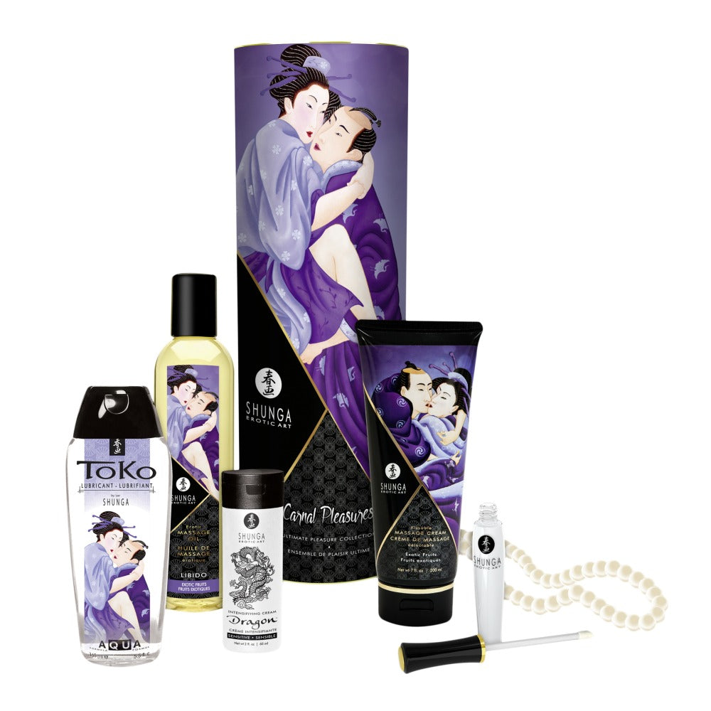 Set Cadou Masaj Shunga Carnal Pleasure 6 Piese - colier de perle alb, ulei si crema de masaj, gloss cu efect de incalzire, gel Toko si crema de stimulare - cutie eleganta pentru un cadou perfect, plin de pasiune si rafinament