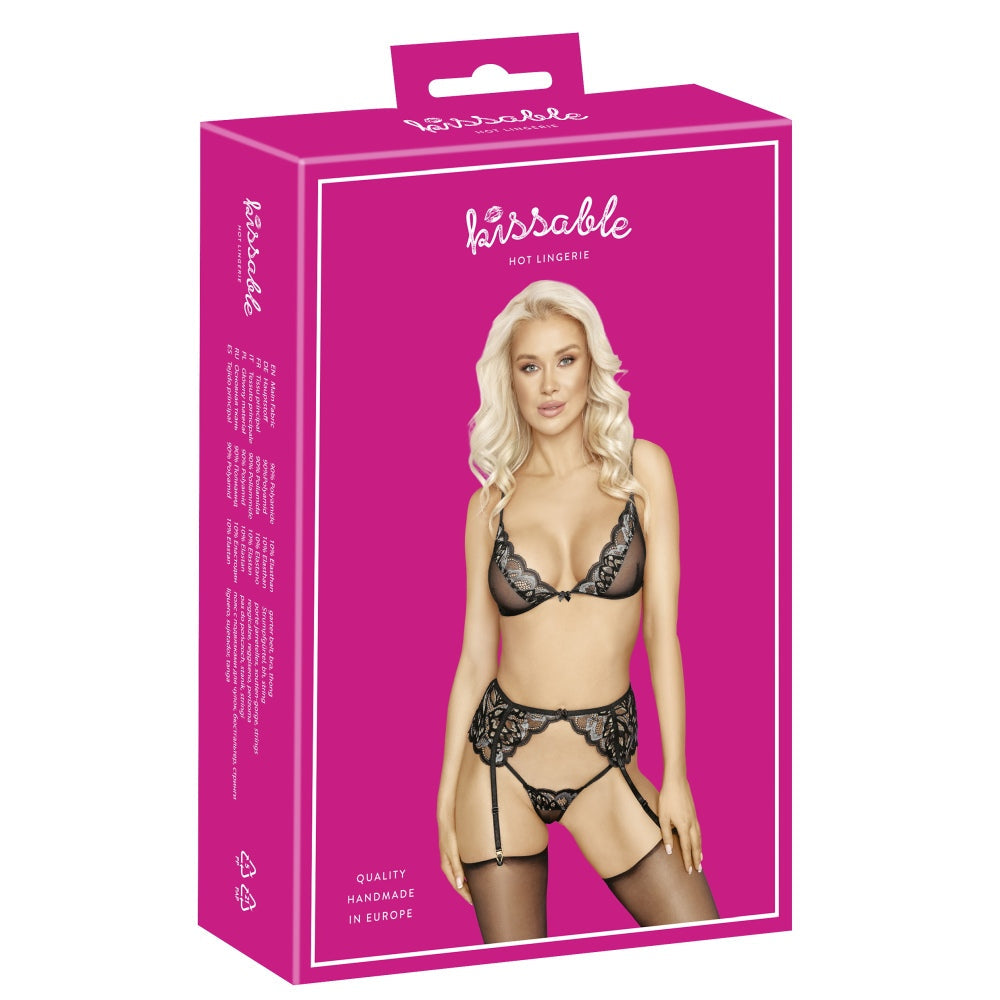 Set Lenjerie 3 Piese - Sutien fara sarme, porjartiera, chiloti taga, detalii cu dantela, Negru
