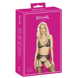 Set Lenjerie 3 Piese - Sutien fara sarme, porjartiera, chiloti taga, detalii cu dantela, Negru