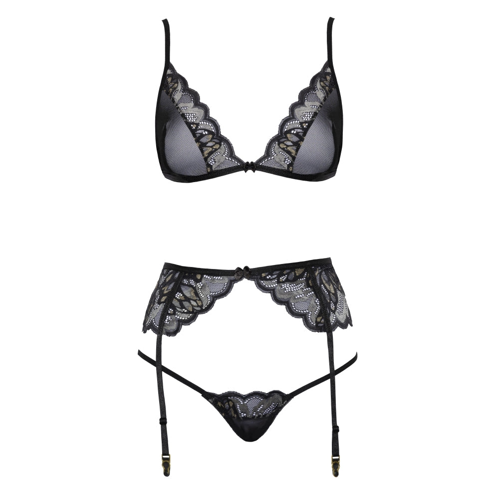 Set Lenjerie 3 Piese - Sutien fara sarme, porjartiera, chiloti taga, detalii cu dantela, Negru