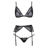 Set Lenjerie 3 Piese - Sutien fara sarme, porjartiera, chiloti taga, detalii cu dantela, Negru