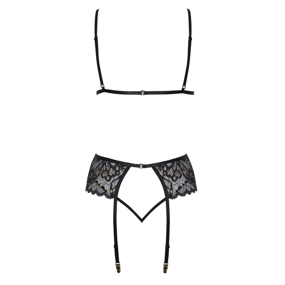 Set Lenjerie 3 Piese - Sutien fara sarme, porjartiera, chiloti taga, detalii cu dantela, Negru