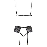 Set Lenjerie 3 Piese - Sutien fara sarme, porjartiera, chiloti taga, detalii cu dantela, Negru