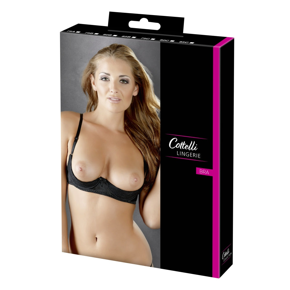 Sutien Sexy cu cupe deschise - Negru - detalii cu dantela si fundita, 3 randuri de agatatori