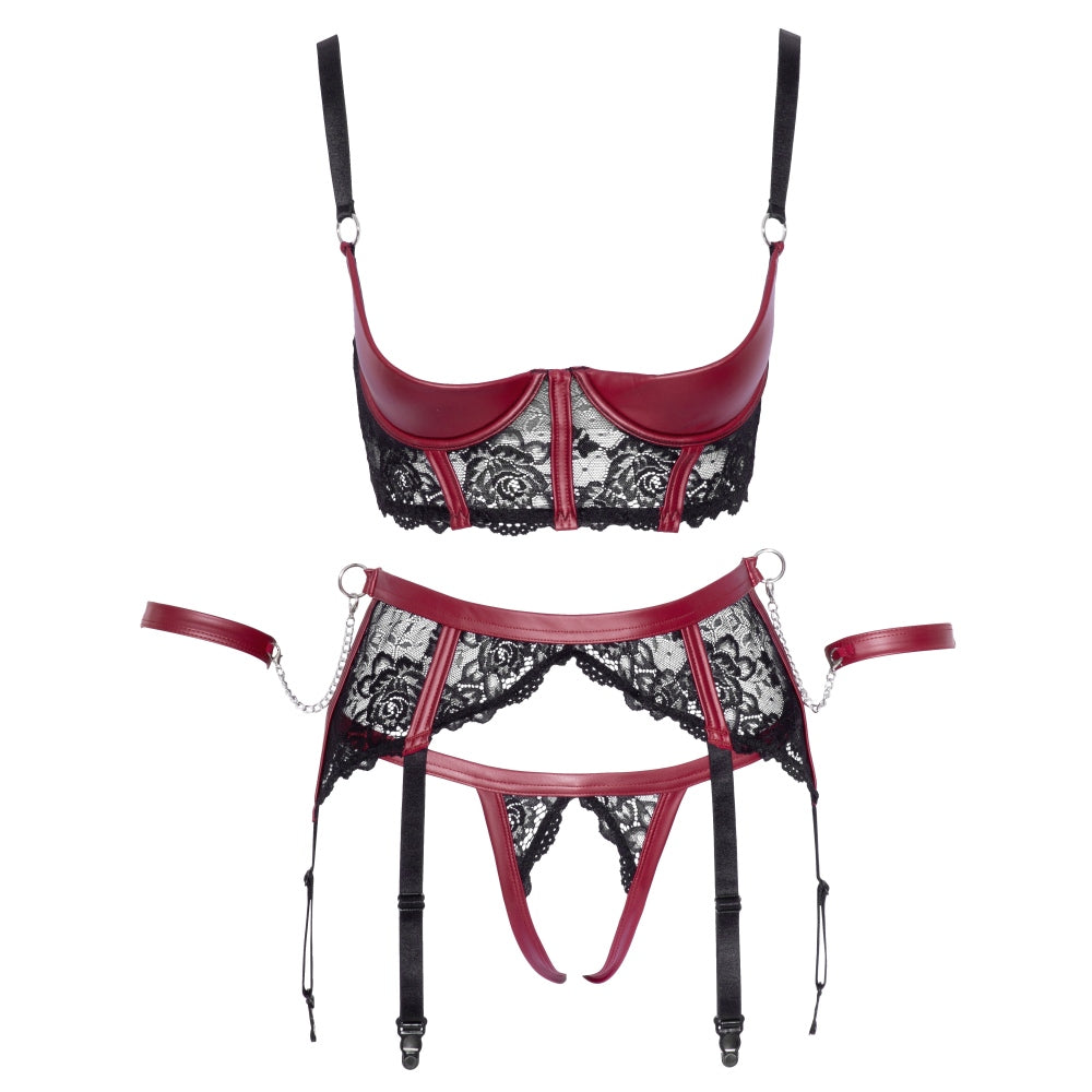 Set Lenjerie Bondage 4 Piese - Sutien cu cupa deschisa, chiloti crotchless, portjartiera, catuse detasabile - Rosu