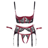 Set Lenjerie Bondage 4 Piese - Sutien cu cupa deschisa, chiloti crotchless, portjartiera, catuse detasabile - Rosu