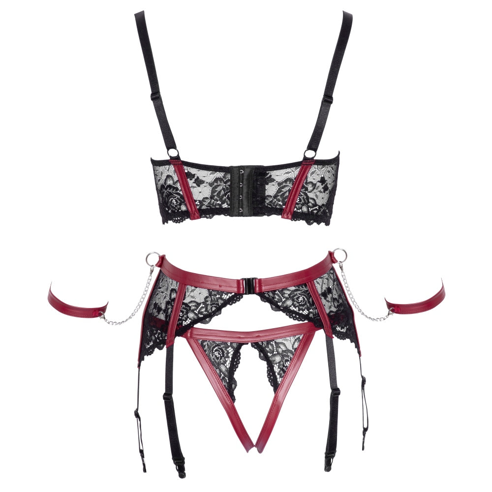 Set Lenjerie Bondage 4 Piese - Sutien cu cupa deschisa, chiloti crotchless, portjartiera, catuse detasabile - Rosu