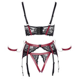 Set Lenjerie Bondage 4 Piese - Sutien cu cupa deschisa, chiloti crotchless, portjartiera, catuse detasabile - Rosu