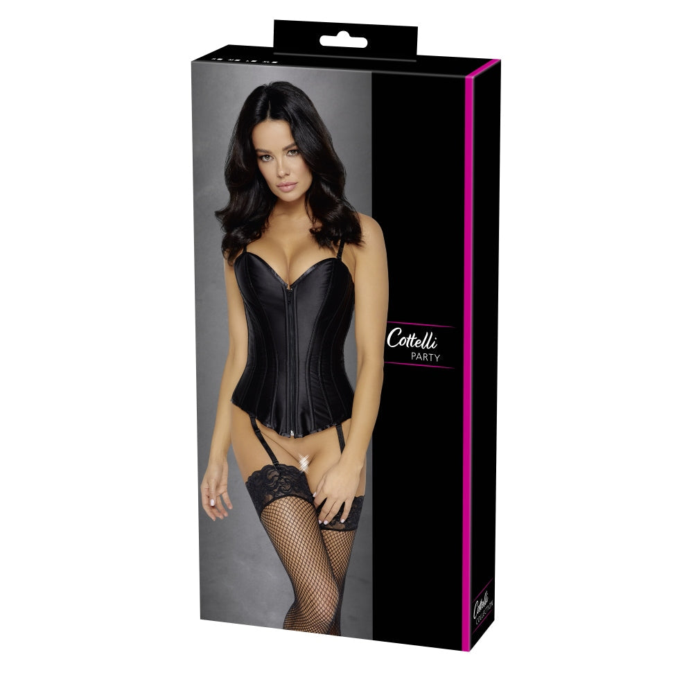 Corset Cotelli Party din Saten Mat - fermoar pe fata, siret la spate - bretele si jartiere detasabile, Negru