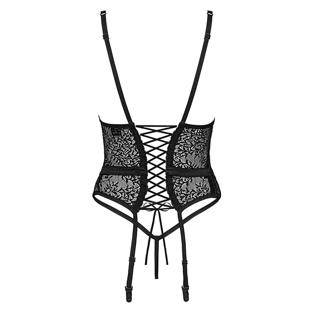 Set Lenjerie Sexy Corset si Chilot Dantela Obsessive Yaskana - Cupe cu Balene, Bretele Reglabile, Confort Maxim, Negru