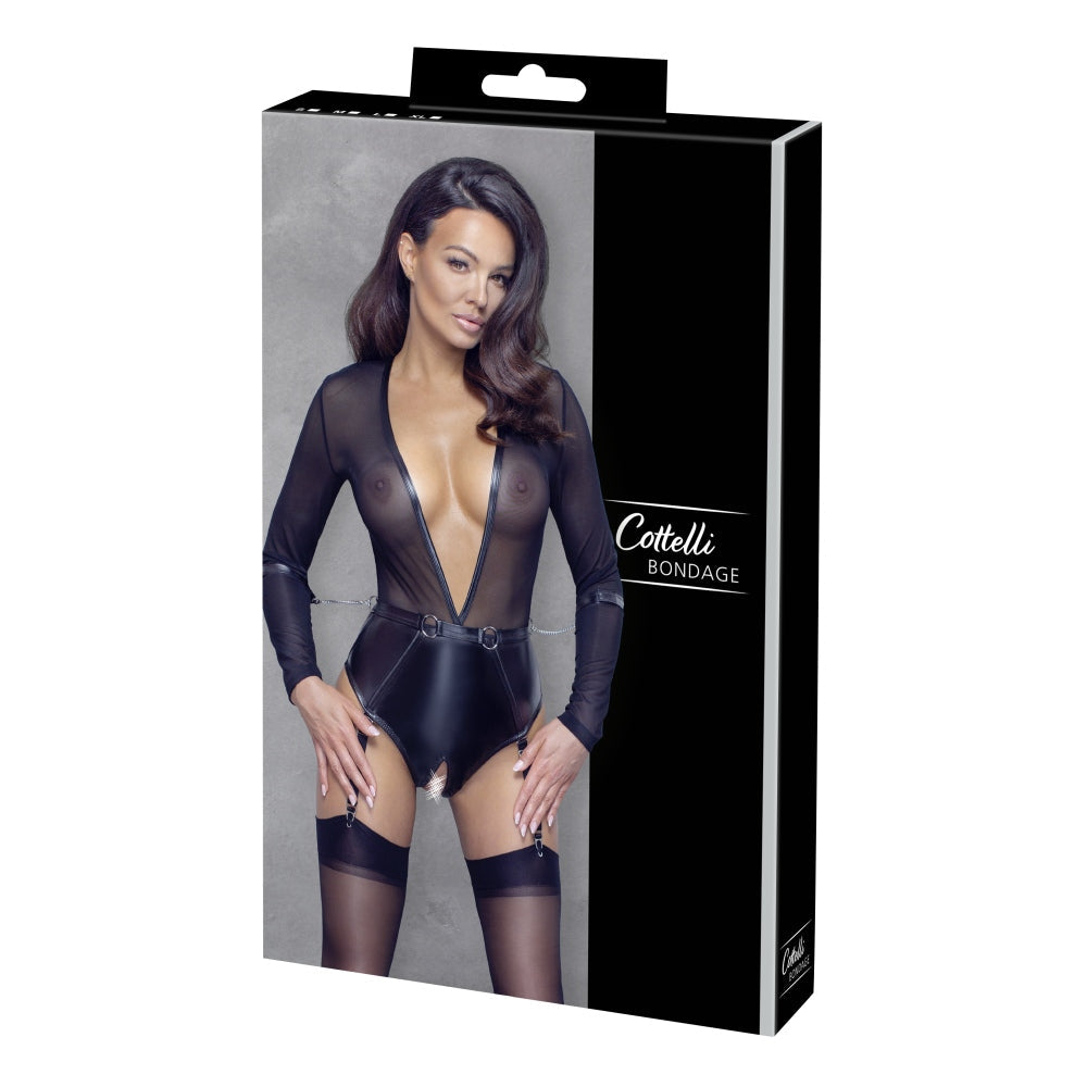 Body Bondage Cotelli Crotchless - catuse si jartiere detasabile - plasa transparenta - Negru