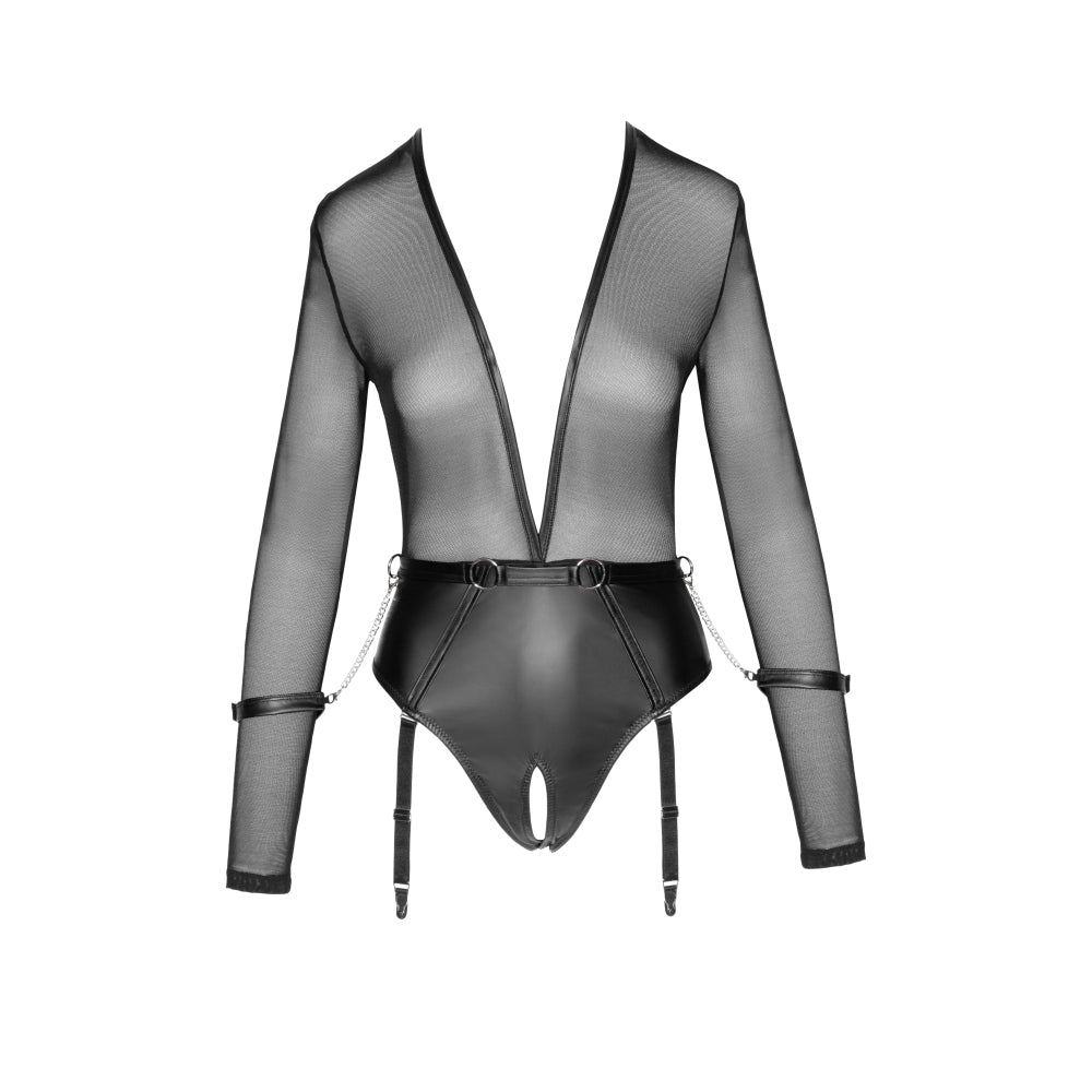 Body Bondage Cotelli Crotchless - catuse si jartiere detasabile - plasa transparenta - Negru