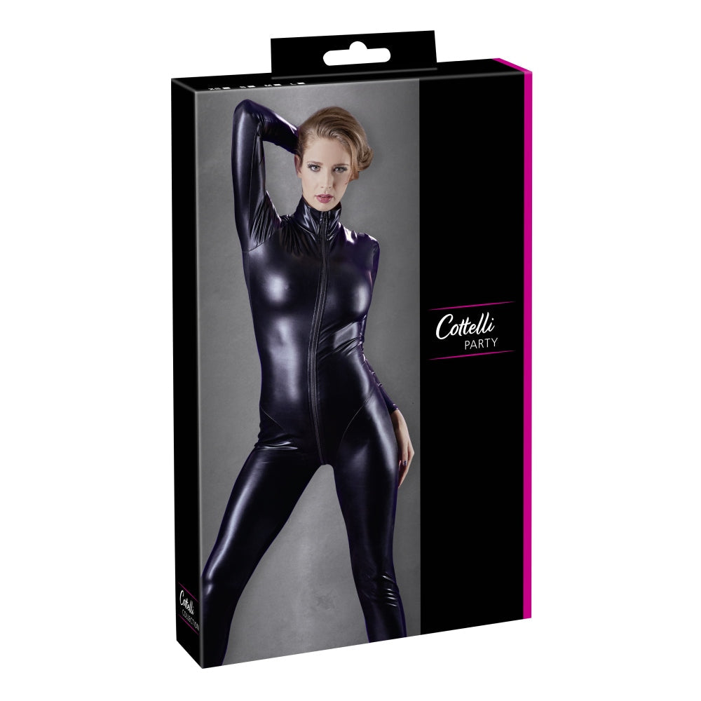 Catsuit Wet-look Lucios Negru cu Fermoar Frontal si Guler Mic - Material Elastic si confortabil - Ideal pentru nopti in cuplu sau jocuri roleplay