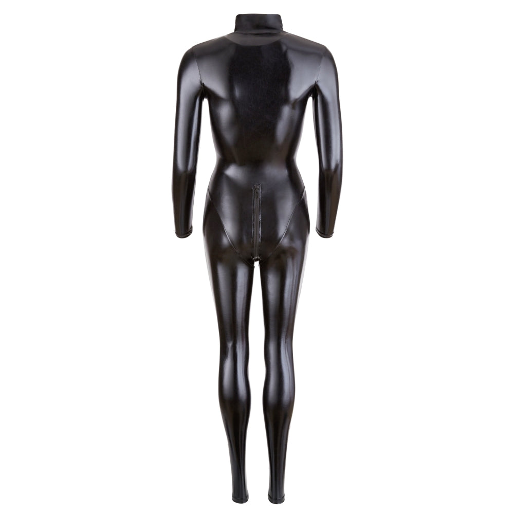Catsuit Wet-look Lucios Negru cu Fermoar Frontal si Guler Mic - Material Elastic si confortabil - Ideal pentru nopti in cuplu sau jocuri roleplay