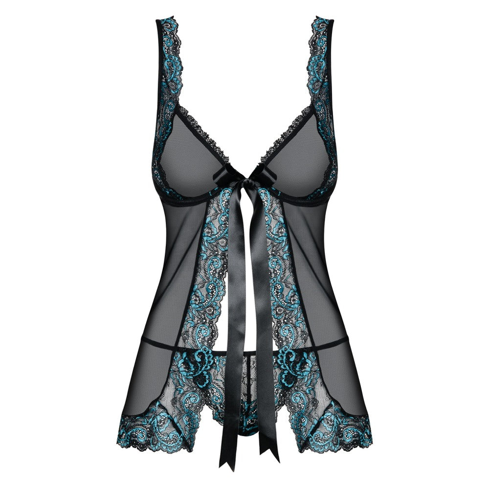 Lenjerie Sexy Babydoll Transparent cu Dantela Obsessive Amanta - Deschis in Fata, Include Chilot Tanga, Negru