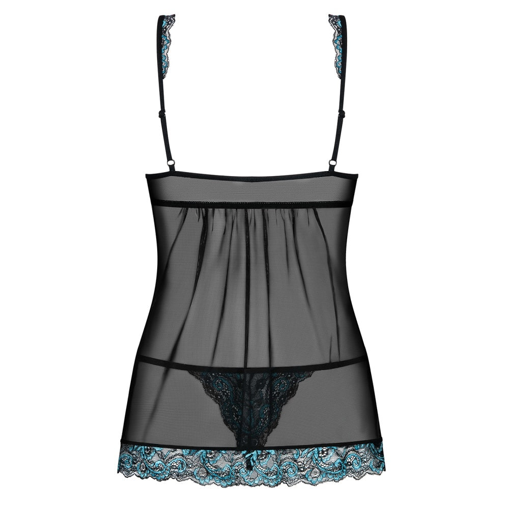Lenjerie Sexy Babydoll Transparent cu Dantela Obsessive Amanta - Deschis in Fata, Include Chilot Tanga, Negru