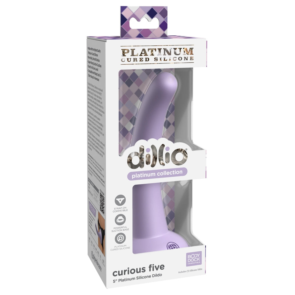 Dildo Dillio Platinum Curious Five - Lila, 14.6 cm - silicon tratat cu platina, cel mai inalt grad de puritate - ventuza compatibila cu Body Dock si strap-on