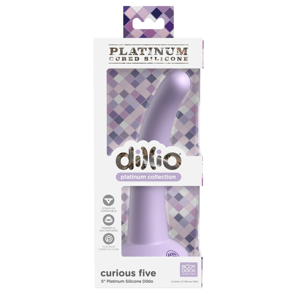 Dildo Dillio Platinum Curious Five - Lila, 14.6 cm - silicon tratat cu platina, cel mai inalt grad de puritate - ventuza compatibila cu Body Dock si strap-on