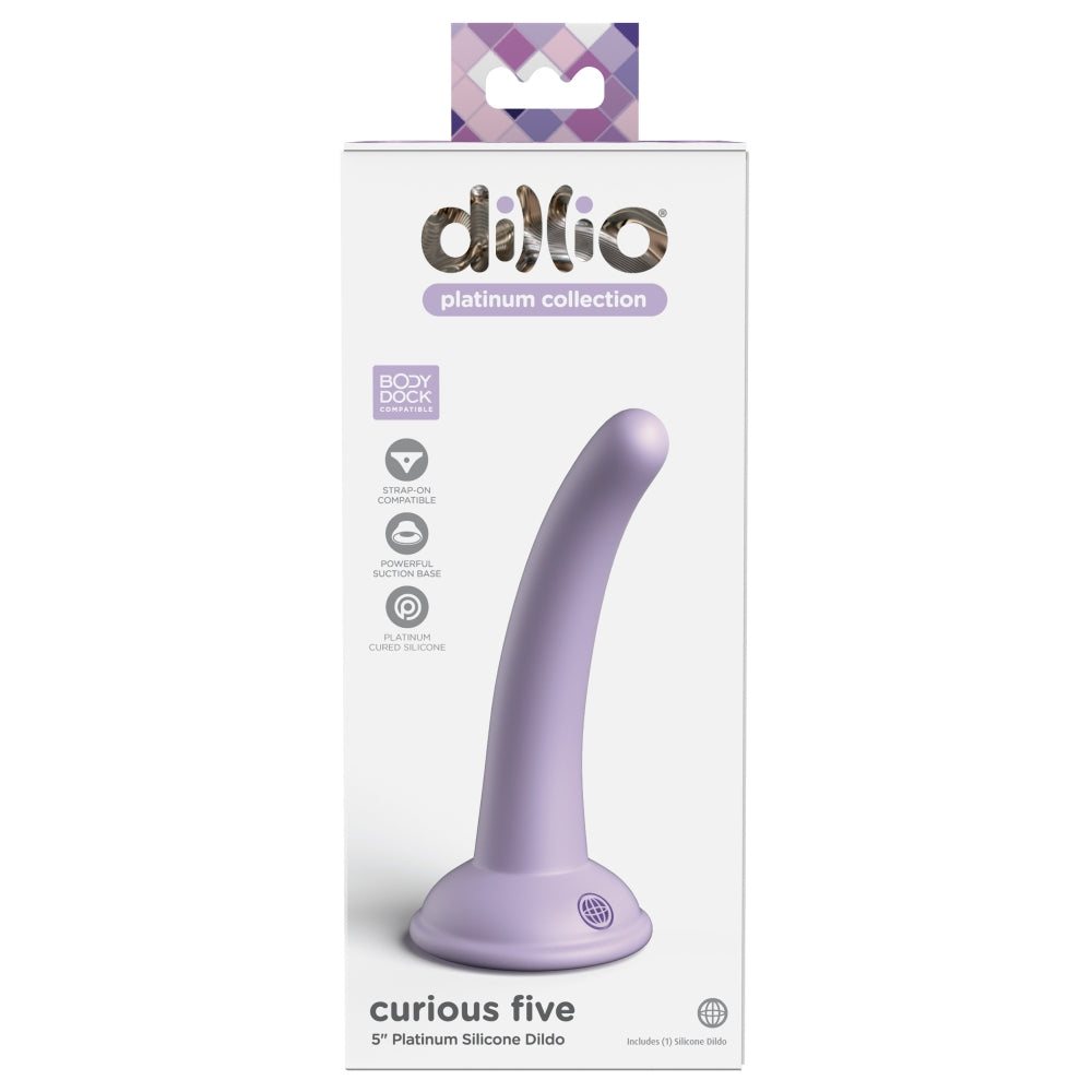 Dildo Dillio Platinum Curious Five - Lila, 14.6 cm - silicon tratat cu platina, cel mai inalt grad de puritate - ventuza compatibila cu Body Dock si strap-on