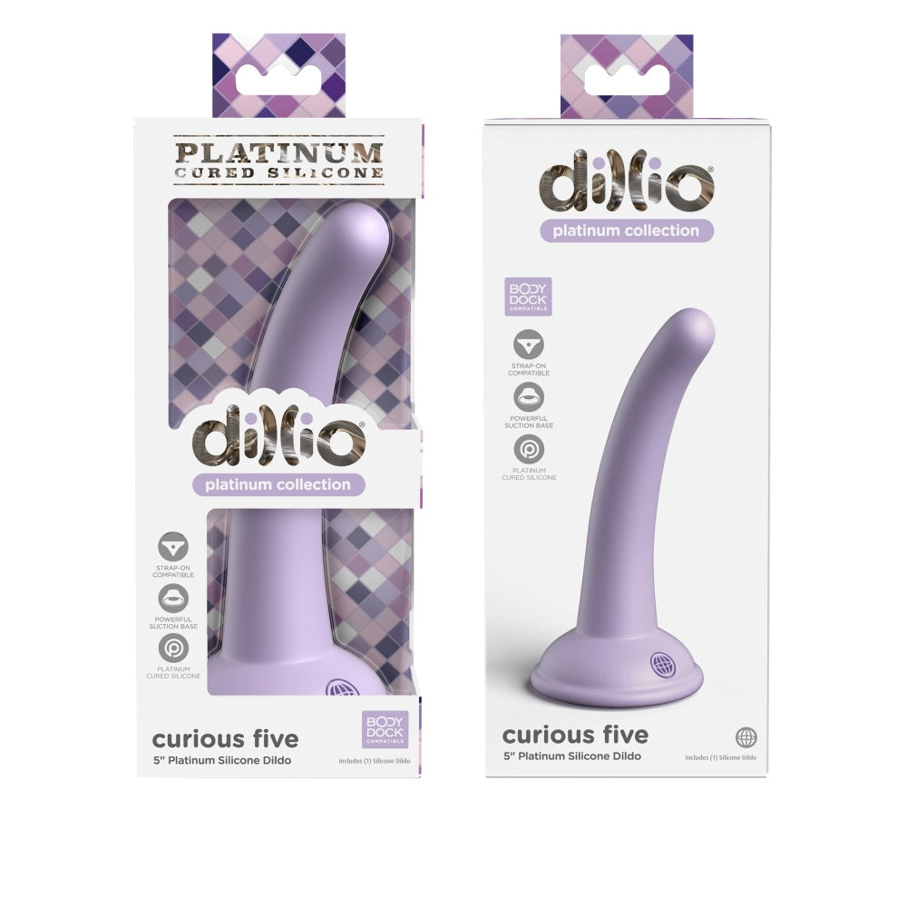 Dildo Dillio Platinum Curious Five - Lila, 14.6 cm - silicon tratat cu platina, cel mai inalt grad de puritate - ventuza compatibila cu Body Dock si strap-on