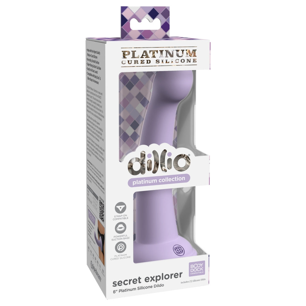 Dildo Dillio Platinum Secret Explorer - Lila, 17.2 cm - silicon tratat cu platina, cel mai inalt grad de puritate - ventuza compatibila cu Body Dock si strap-on
