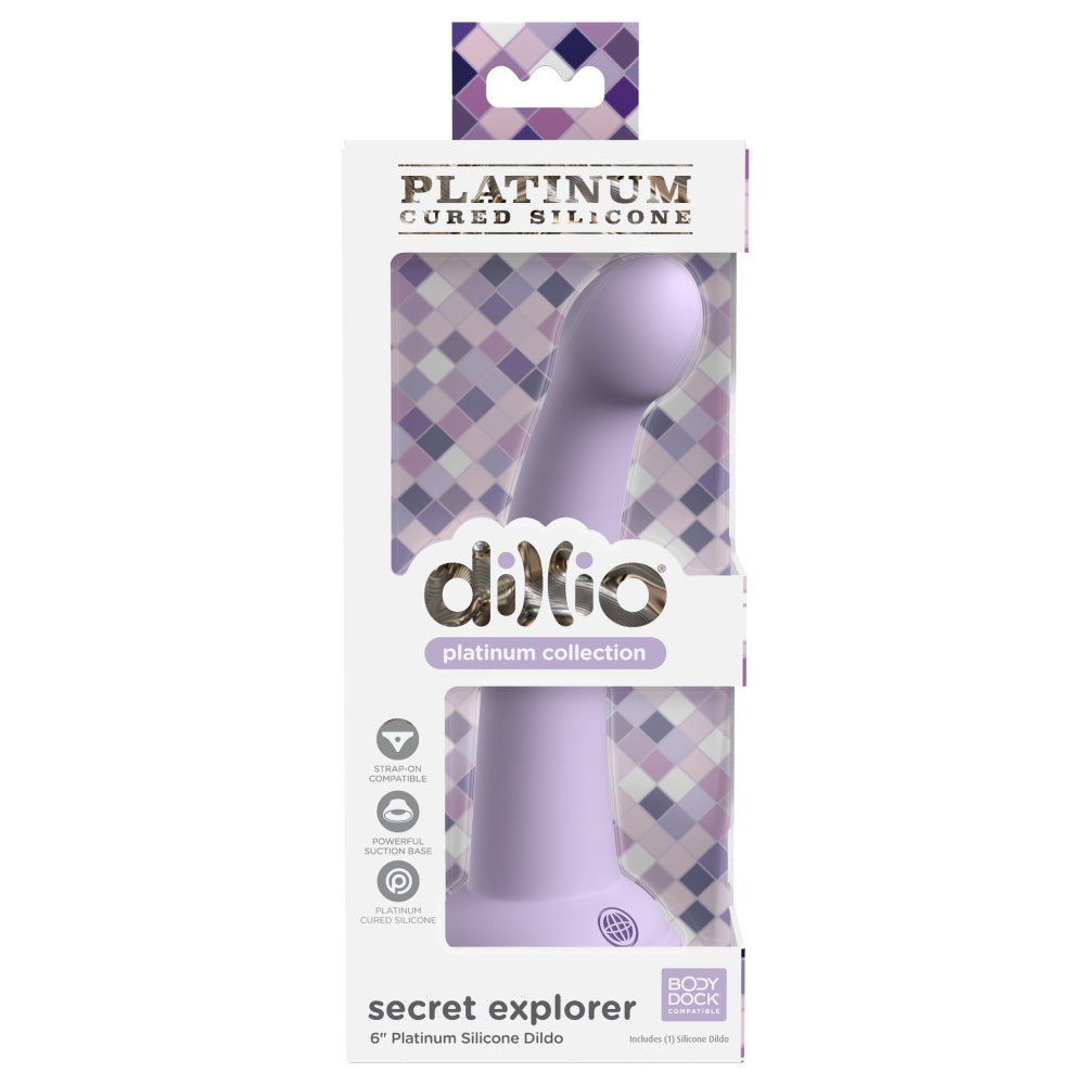Dildo Dillio Platinum Secret Explorer - Lila, 17.2 cm - silicon tratat cu platina, cel mai inalt grad de puritate - ventuza compatibila cu Body Dock si strap-on