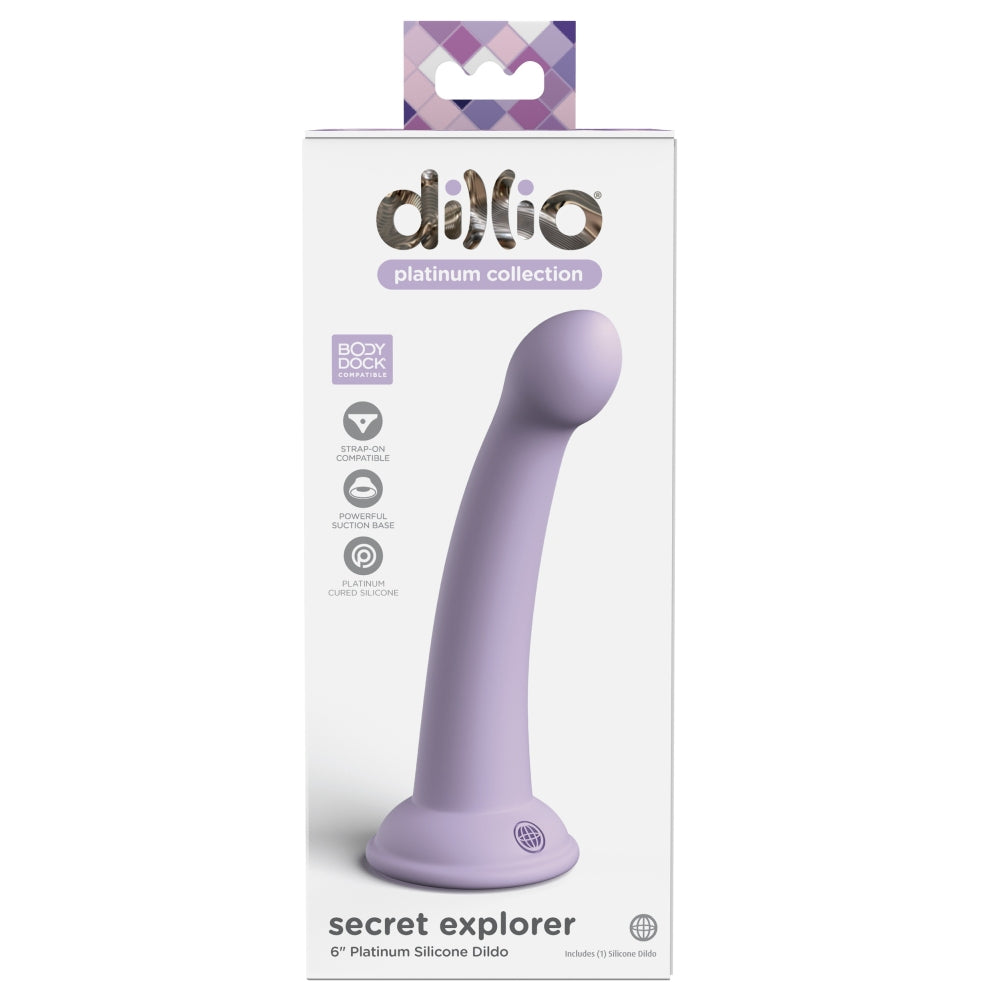 Dildo Dillio Platinum Secret Explorer - Lila, 17.2 cm - silicon tratat cu platina, cel mai inalt grad de puritate - ventuza compatibila cu Body Dock si strap-on