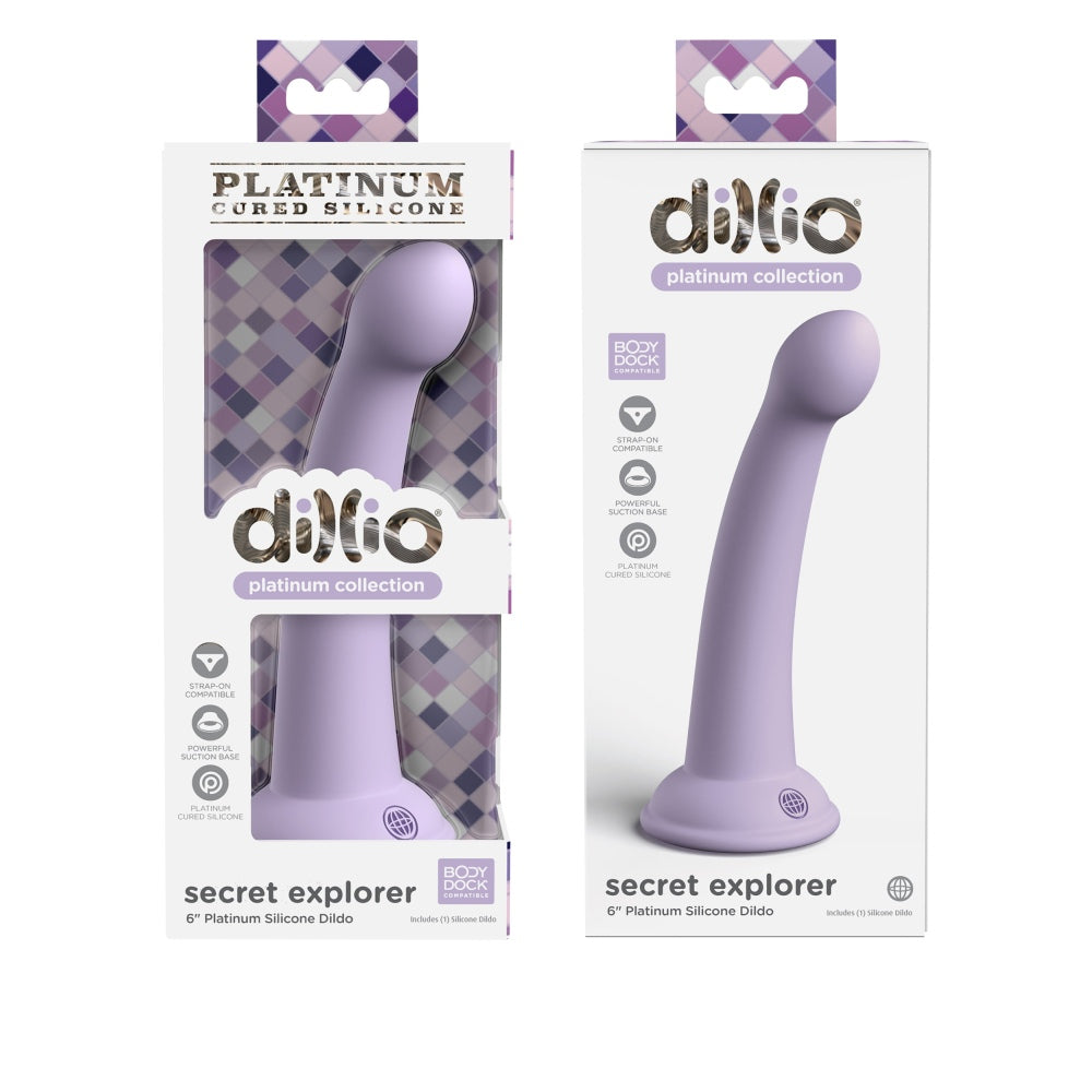 Dildo Dillio Platinum Secret Explorer - Lila, 17.2 cm - silicon tratat cu platina, cel mai inalt grad de puritate - ventuza compatibila cu Body Dock si strap-on