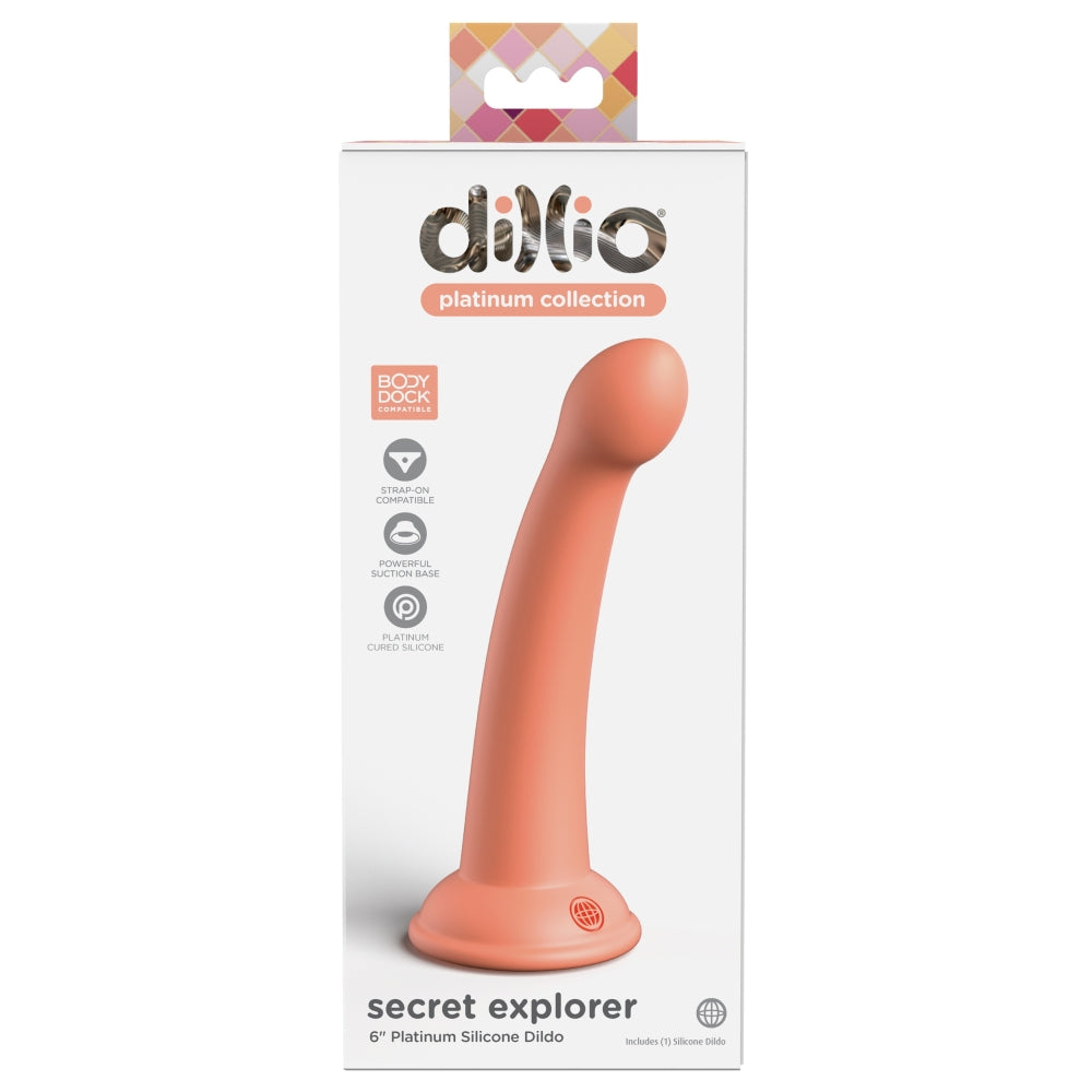 Dildo Dillio Platinum Secret Explorer - Portocaliu, 17.2 cm - silicon tratat cu platina, cel mai inalt grad de puritate - ventuza compatibila cu Body Dock si strap-on