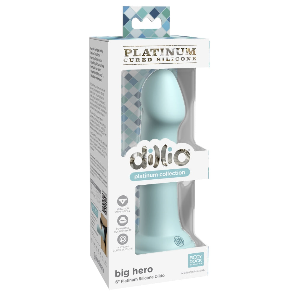 Dildo Dillio Platinum Big Hero - Turcoaz, 17.2 cm - silicon tratat cu platina, cel mai inalt grad de puritate - ventuza compatibila cu Body Dock si strap-on