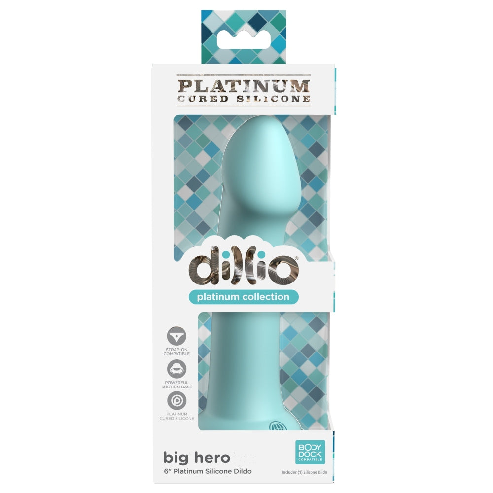 Dildo Dillio Platinum Big Hero - Turcoaz, 17.2 cm - silicon tratat cu platina, cel mai inalt grad de puritate - ventuza compatibila cu Body Dock si strap-on